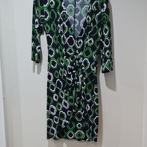 Green and White Midi Wrap Dress with Ruffled Tie Front